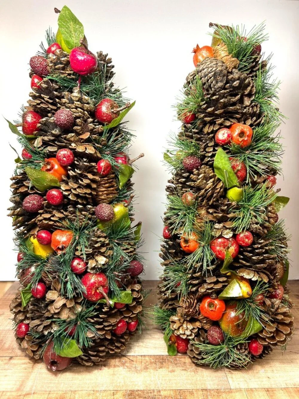 Holiday Centerpiece Pinecone & Faux Fruit Tree Glitter Accents Set Of 2 17.5'' T